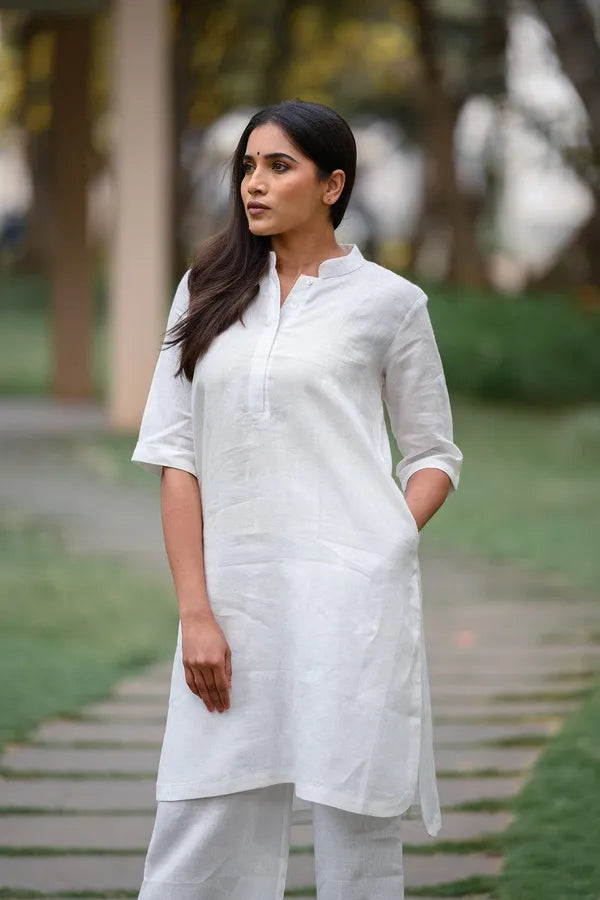 White  khadi cotton kurti pant cord set for working women