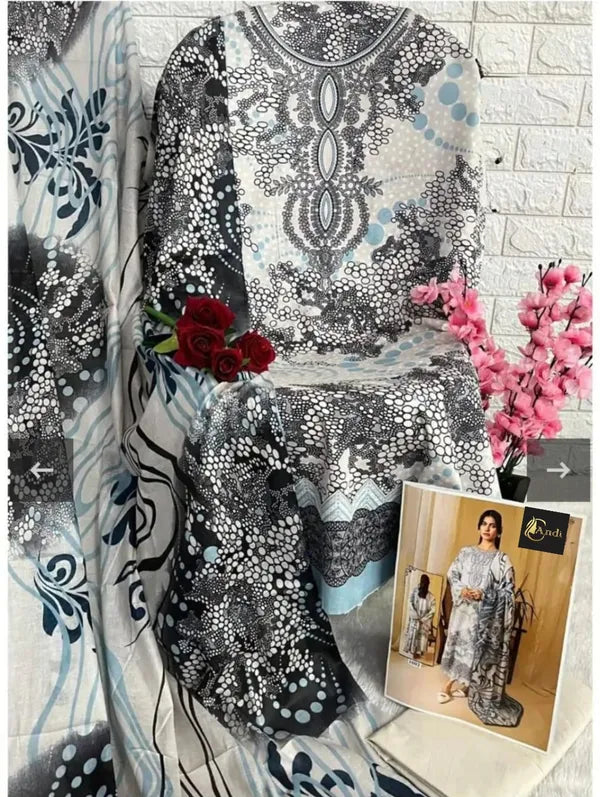 White Digital printed  Cotton Kurti pant Dupatta Set