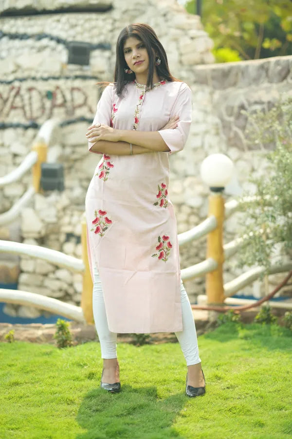 Pink Organic Cotton Hand Embroidered Kurta