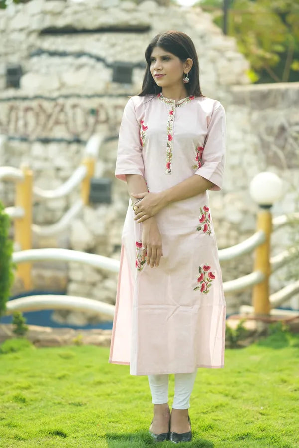 Pink Organic Cotton Hand Embroidered Kurta