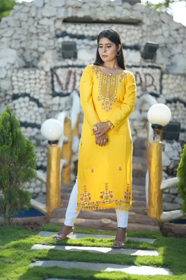 Yellow Slub Cotton Kashmiri Kadhai Kurti