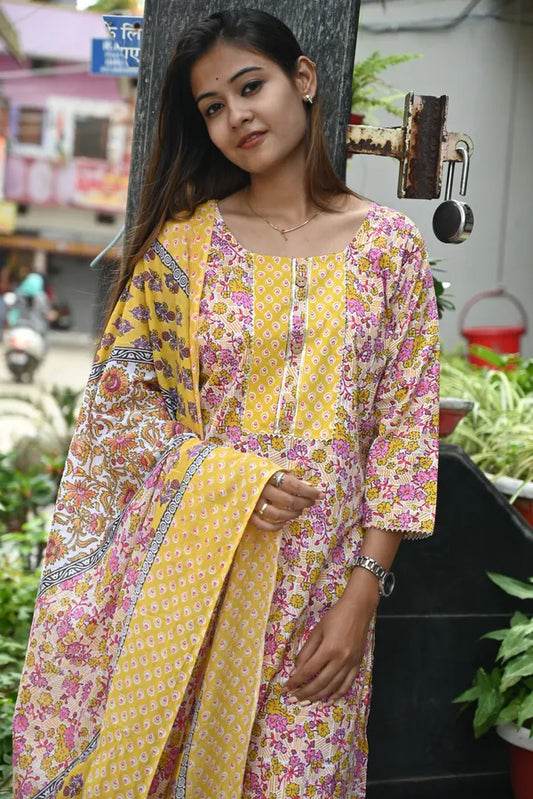 Yellow pink kurti pant dupatta set