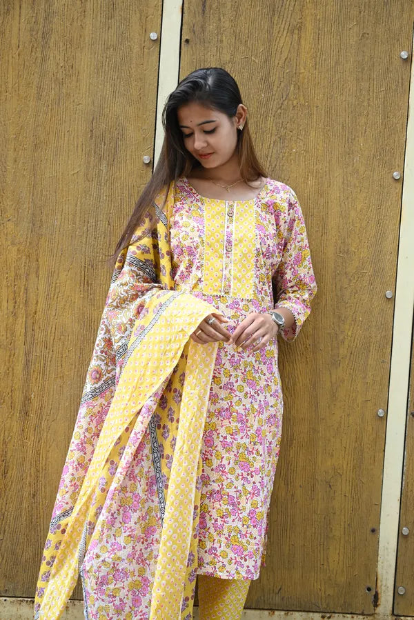 Yellow pink kurti pant dupatta set