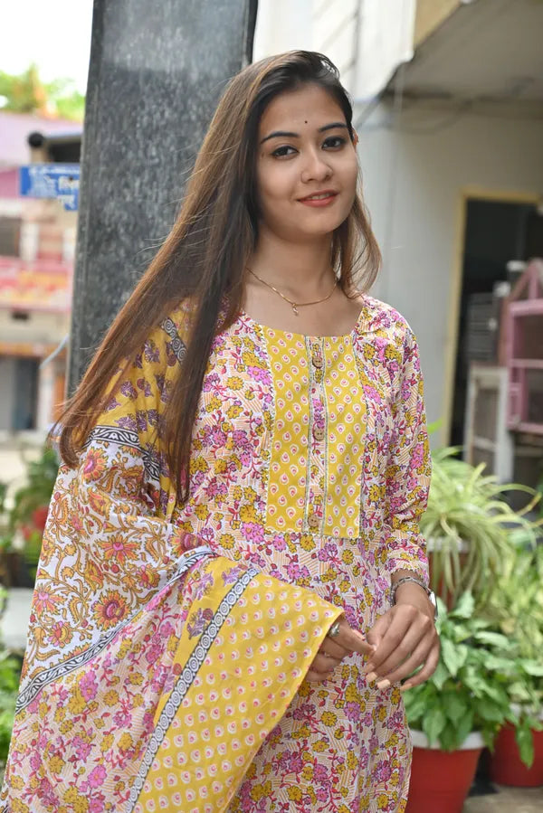 Yellow pink kurti pant dupatta set