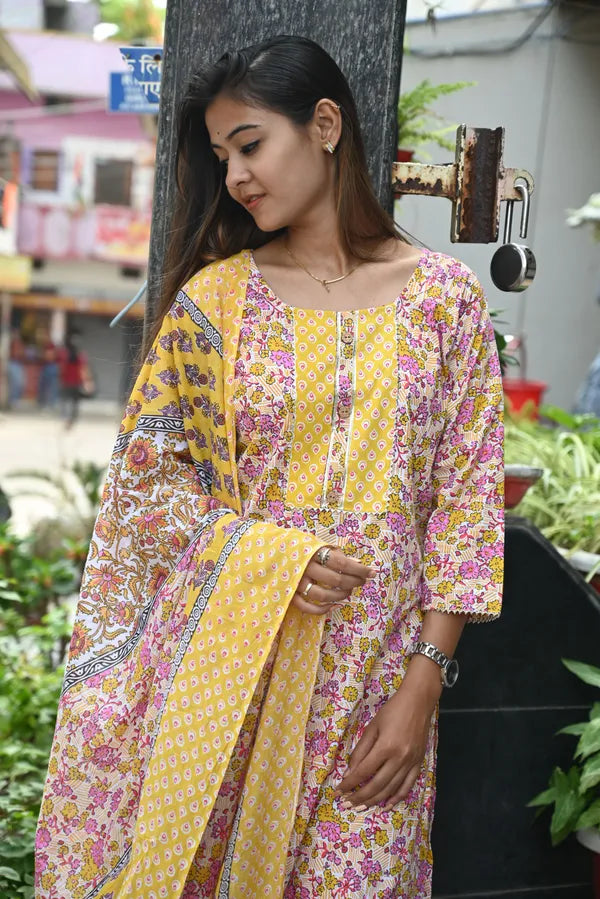 Yellow pink kurti pant dupatta set