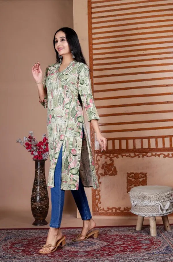 Green Angrakha Style Cotton Regular Kurti For Women