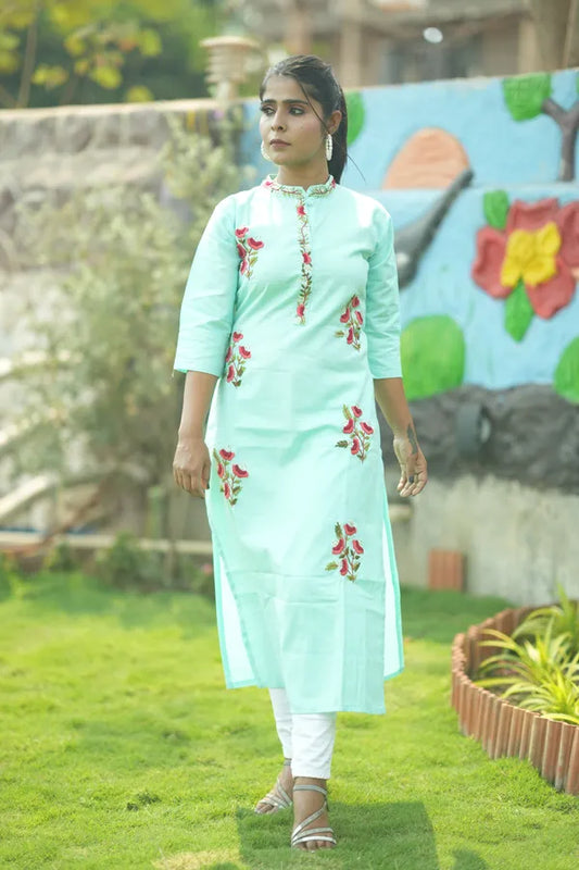 Light  Green Organic Cotton Hand Embroidered Kurti