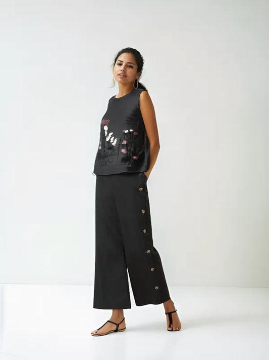 Black Cotton Embroidered Top And Pant For Women