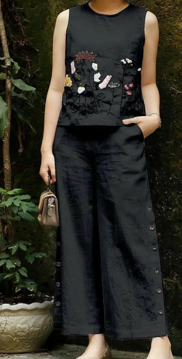 Black Cotton Embroidered Top And Pant For Women