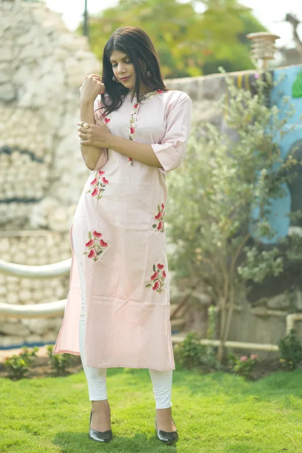 Pink Organic Cotton Hand Embroidered Kurta