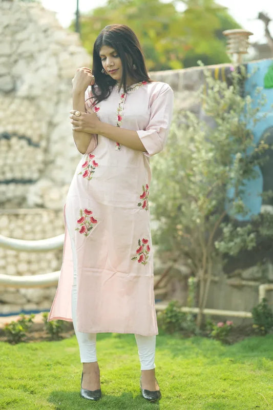 Pink Organic Cotton Hand Embroidered Kurta