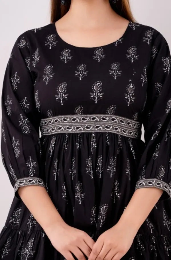 Black Block Print Pure Cotton Jaipuri Style Flare Tunic For Women
