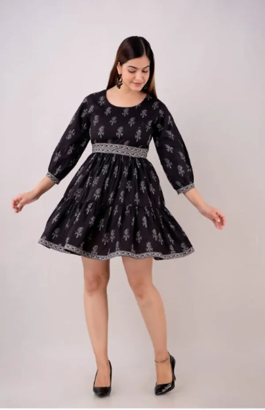 Black Block Print Pure Cotton Jaipuri Style Flare Tunic For Women