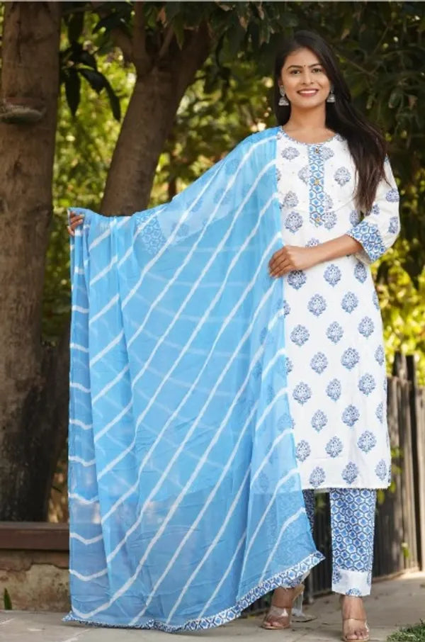 Blue And White Jaipuri Pure Cotton Kurti Pant Dupatta Set