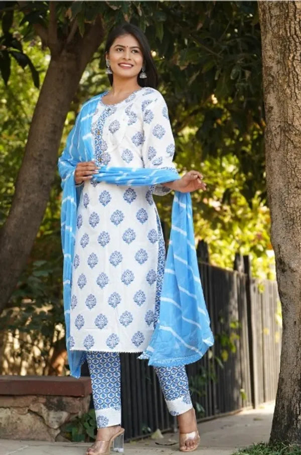 Blue And White Jaipuri Pure Cotton Kurti Pant Dupatta Set