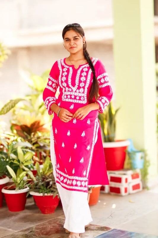 Pink Heavy Rayon Cotton White Chikankari Embroidered Kurti For Women