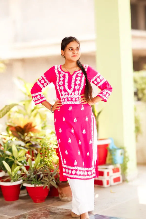 Pink Heavy Rayon Cotton White Chikankari Embroidered Kurti For Women