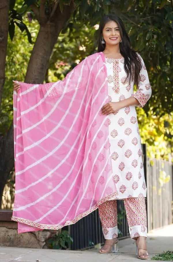 White & Pink Women Printed A-Line Kurta pant dupatta