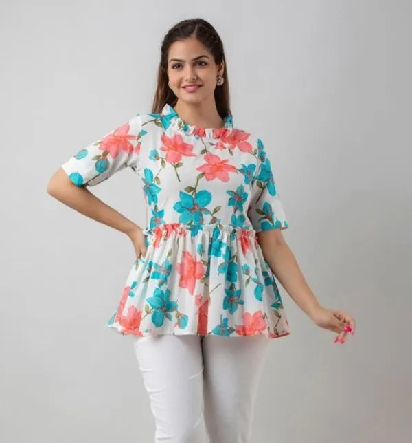 White Floral Print Cotton Top For Women