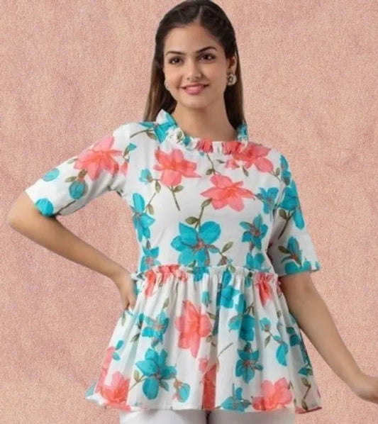 White Floral Print Cotton Top For Women