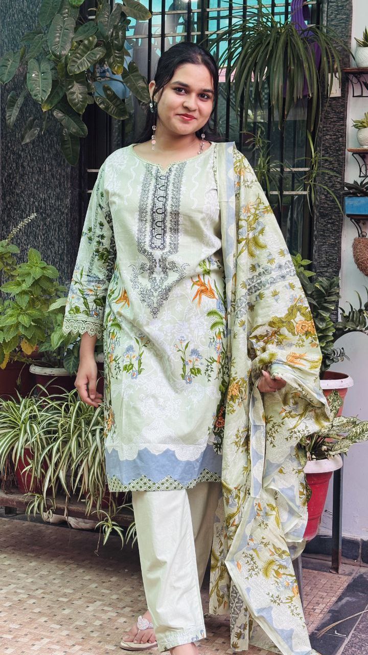 Pista Green Digital Print Cotton Kurti Pant Dupatta Set