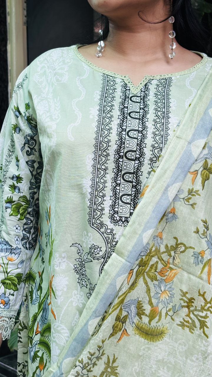 Soft Pistachio Green with Multicolor Floral Digital Print kurti pant dupatta set
