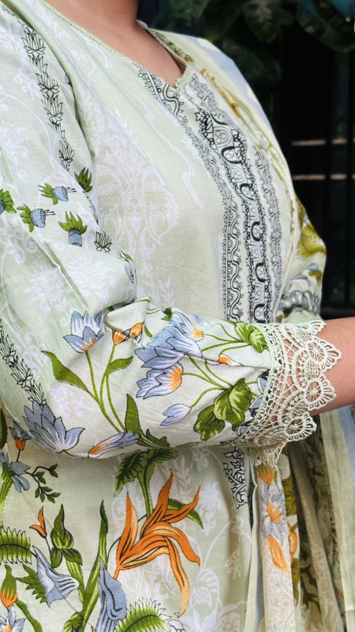 Pista Green Digital Print Cotton Kurti Pant Dupatta Set