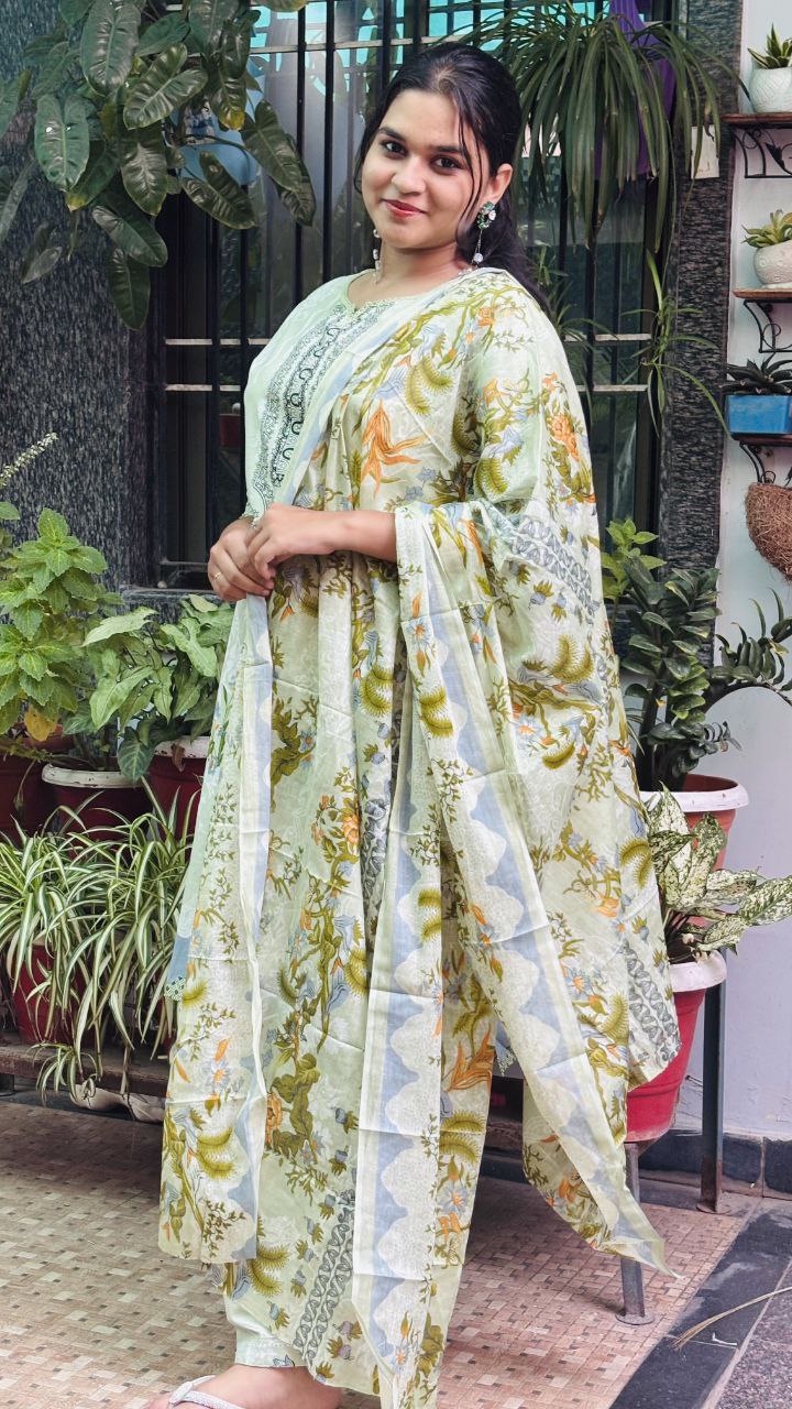 Soft Pistachio Green with Multicolor Floral Digital Print kurti pant dupatta set