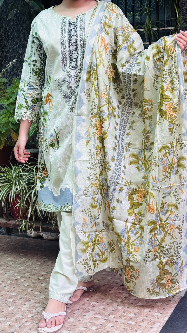 Pista Green Digital Print Cotton Kurti Pant Dupatta Set