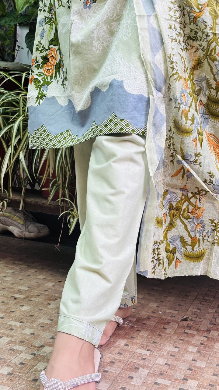 Pista Green Digital Print Cotton Kurti Pant Dupatta Set