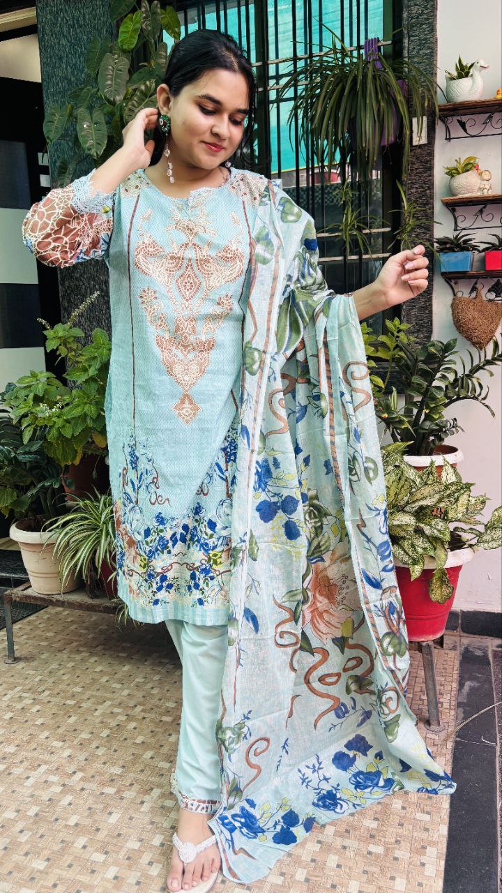 Sky Serenity digital print kurti pant dupatta set