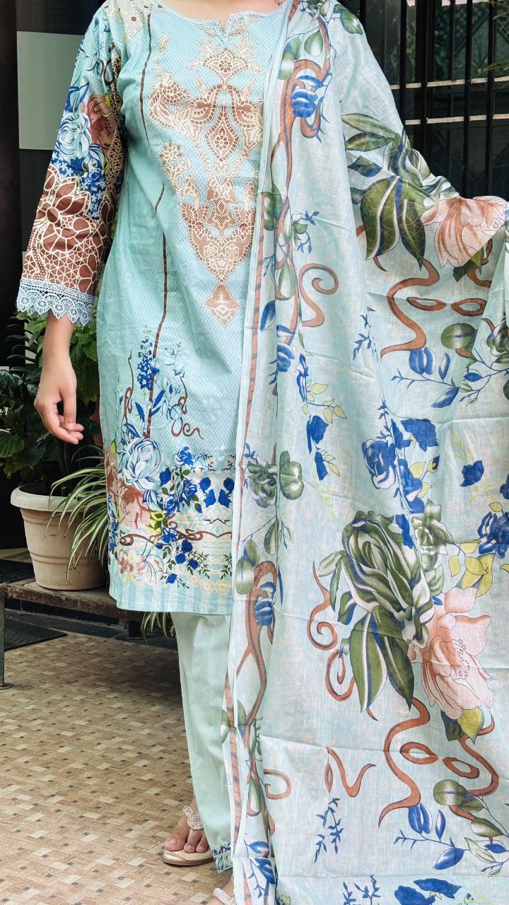 Sky Serenity digital print kurti pant dupatta set