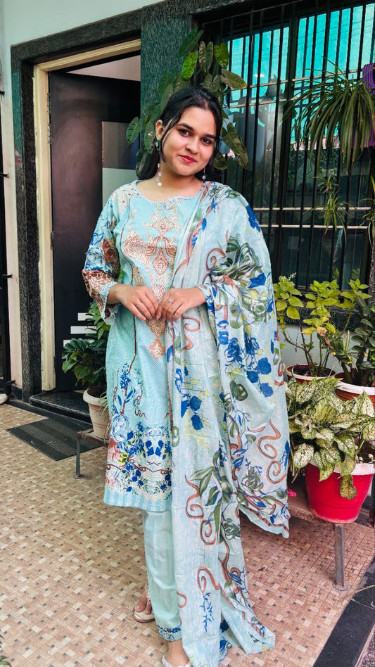 Sky Serenity digital print kurti pant dupatta set