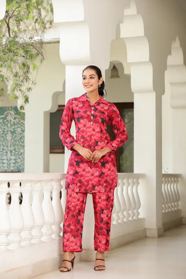 Pink Floral Musline Co-Ord Set For Women