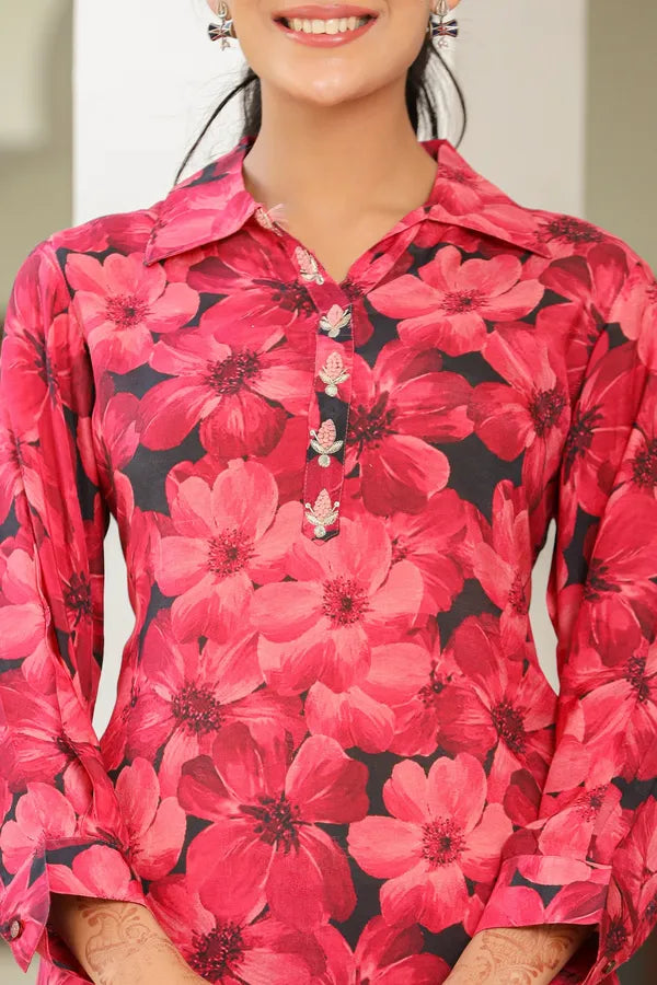 Pink Floral Musline Co-Ord Set For Women