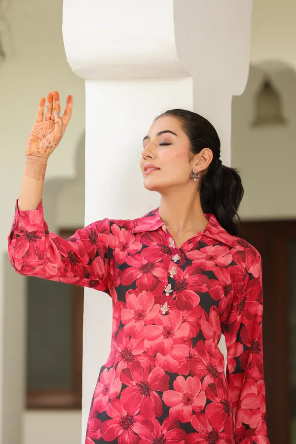 Pink Floral Musline Co-Ord Set For Women