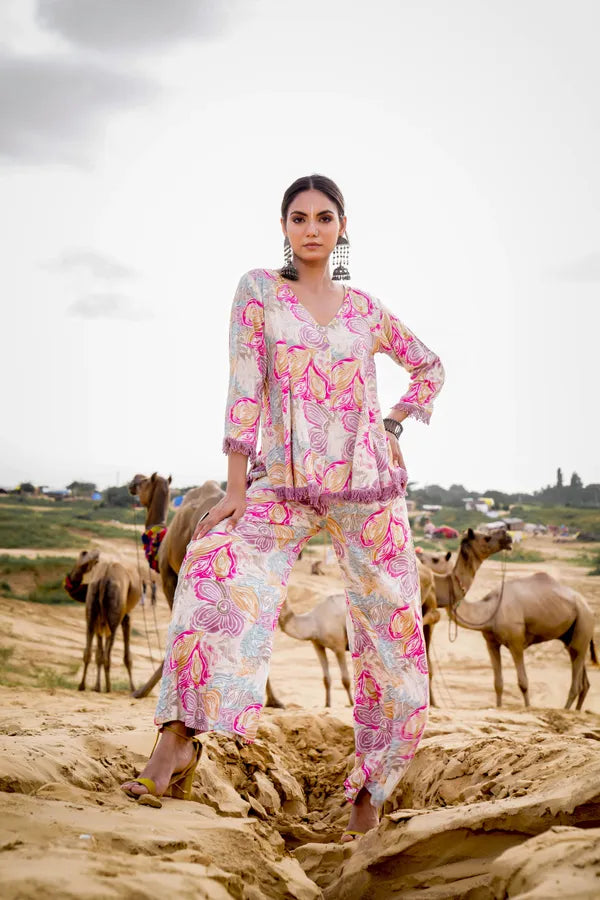 Pink Multicolour Musline Cotton Co-Ord Set For Women