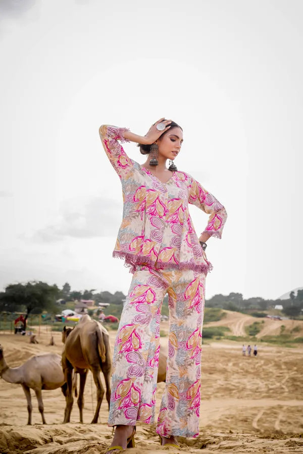 Pink Multicolour Musline Cotton Co-Ord Set For Women