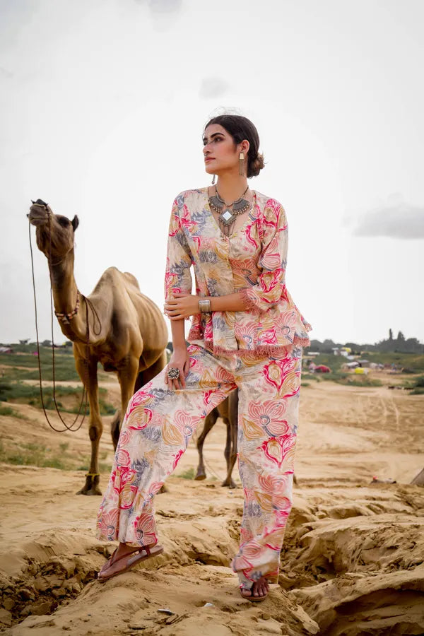 Pink Multicolour Musline Cotton Co-Ord Set For Women