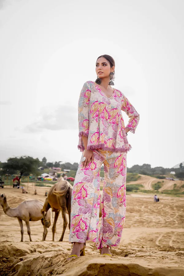 Pink Multicolour Musline Cotton Co-Ord Set For Women