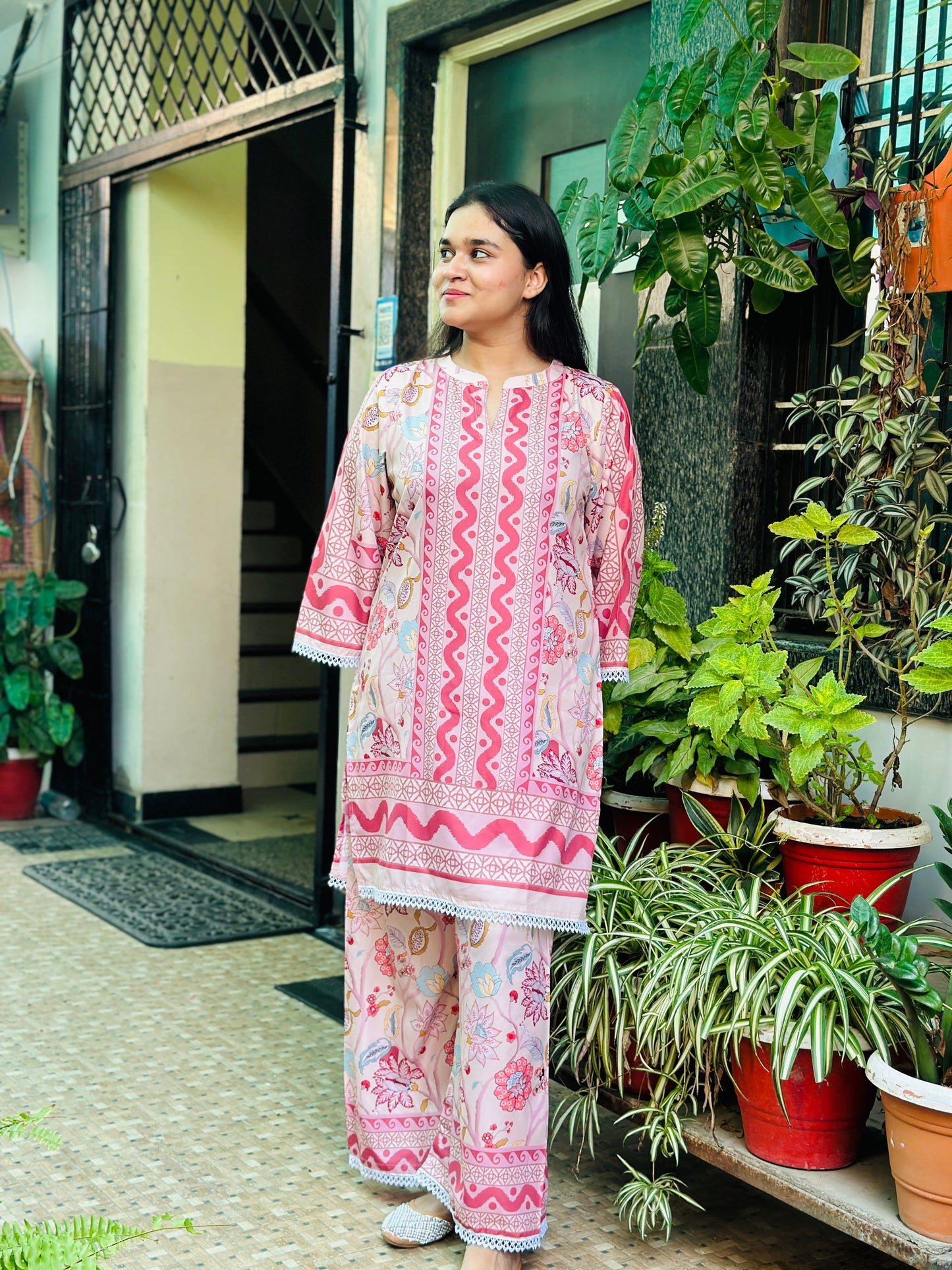 pink stylish turkish printed cord set for women