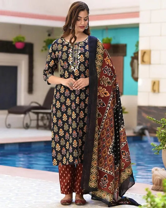 Red And Black Pure Cotton Kurti Pant Dupatta Set For Women