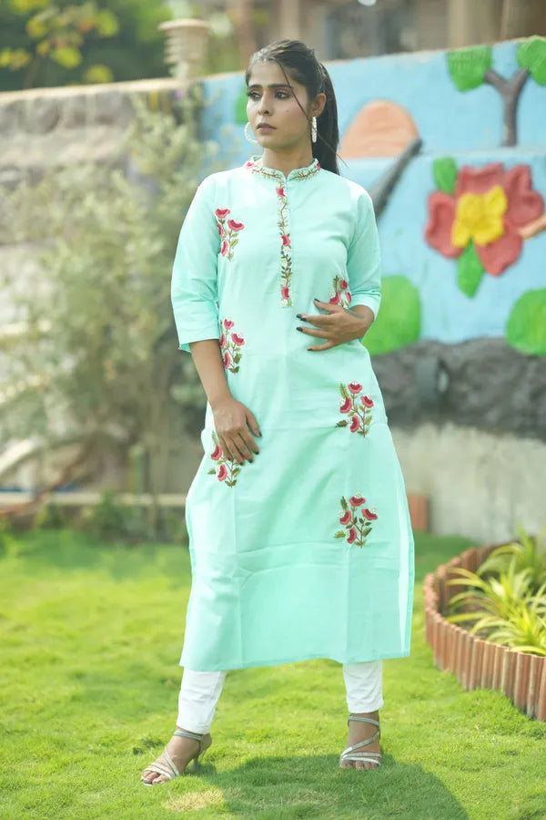 Light  Green Organic Cotton Hand Embroidered Kurti