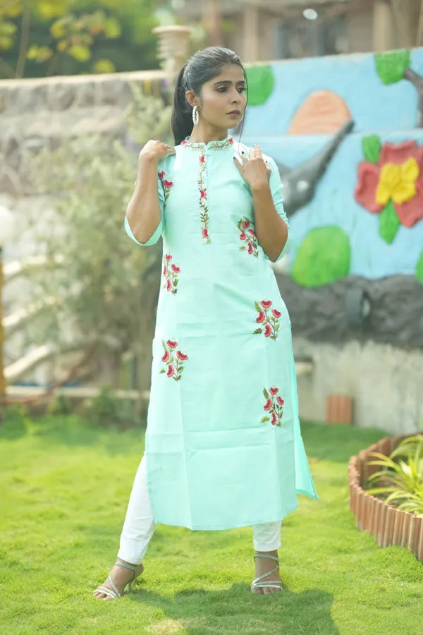 Light  Green Organic Cotton Hand Embroidered Kurti