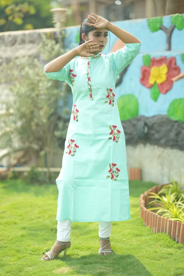 Light  Green Organic Cotton Hand Embroidered Kurti