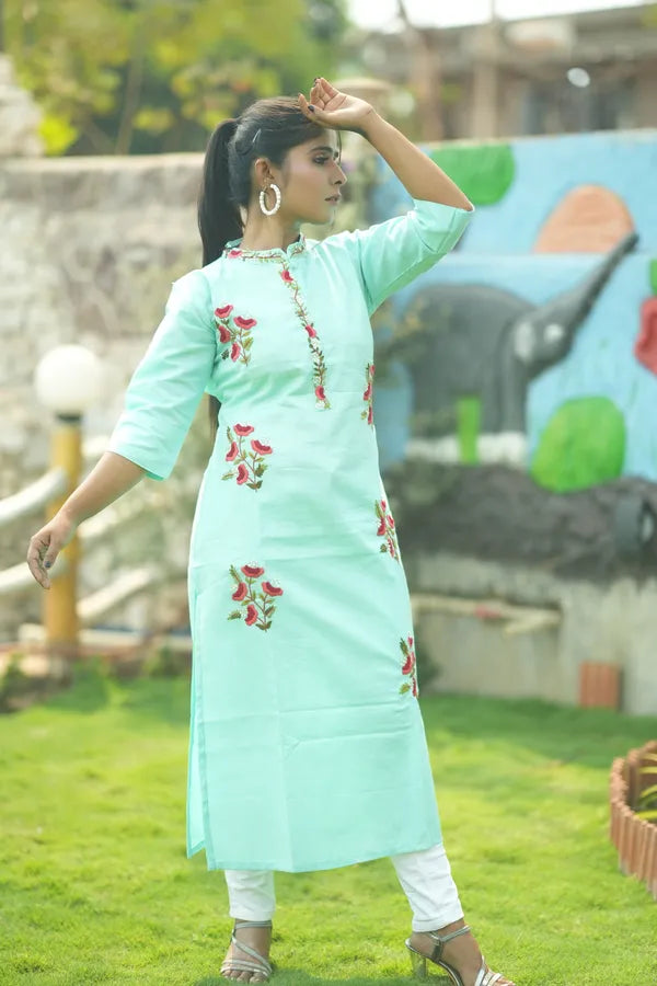Light  Green Organic Cotton Hand Embroidered Kurti