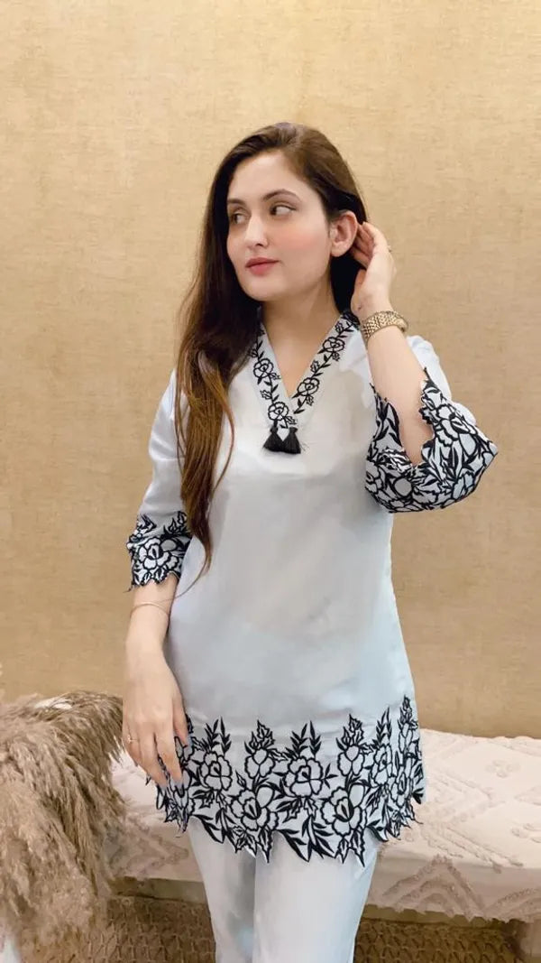 White  Stylish Embroidered Rayon Cotton  Co-Ord Set