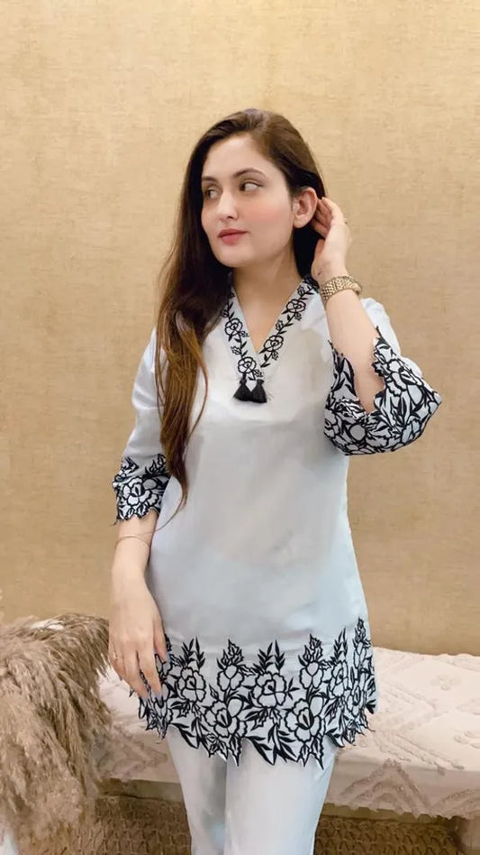 White  Stylish Embroidered Rayon Cotton  Co-Ord Set