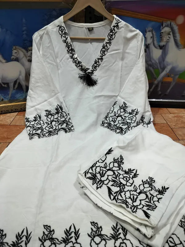 White  Stylish Embroidered Rayon Cotton  Co-Ord Set