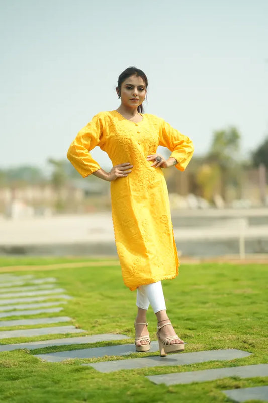 Yellow Pure Cotton Chikankari Embroidered Kurta For Women